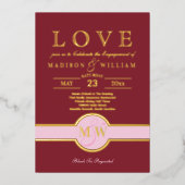 Luxe Monogram LOVE Verloving Feest Burgundy Goud Folie Uitnodiging (Voorkant)