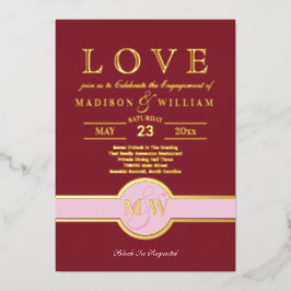 Luxe Monogram LOVE Verloving Feest Burgundy Goud Folie Uitnodiging
