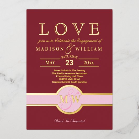 Luxe Monogram LOVE Verloving Feest Burgundy Goud Folie Uitnodiging (Voorkant)
