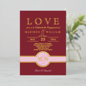 Luxe Monogram LOVE Verloving Feest Burgundy Goud Folie Uitnodiging (Staand Voorkant)