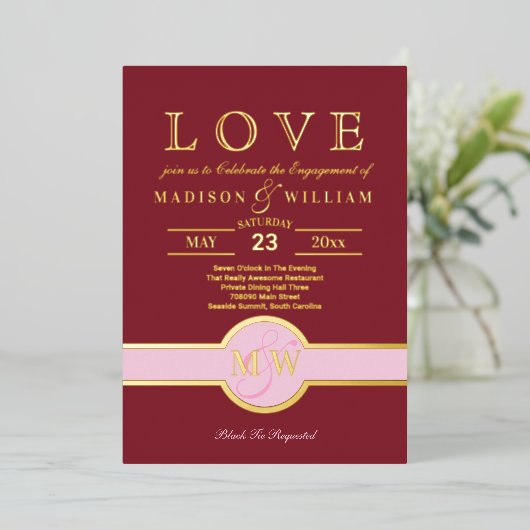 Luxe Monogram LOVE Verloving Feest Burgundy Goud Folie Uitnodiging (Staand Voorkant)