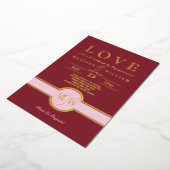Luxe Monogram LOVE Verloving Feest Burgundy Goud Folie Uitnodiging (Gedraaid)