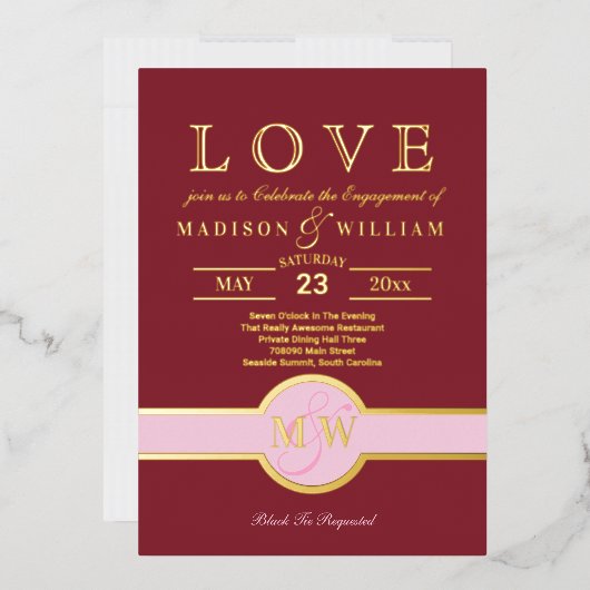 Luxe Monogram LOVE Verloving Feest Burgundy Goud Folie Uitnodiging (Envelop)