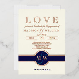 Luxe Monogram LOVE Verloving Feest Navy Roze Goud Folie Uitnodiging