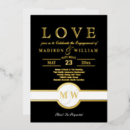 Luxe Monogram LOVE Verloving Feest Zwart En Goud Folie Uitnodiging