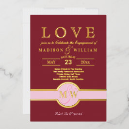 Luxe Monogram LOVE Verlovingsfeest Burgundy Goud Folie Uitnodiging