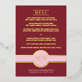 Luxe Monogram Modern Elegant Menu Burgundy Gold Folie Uitnodiging