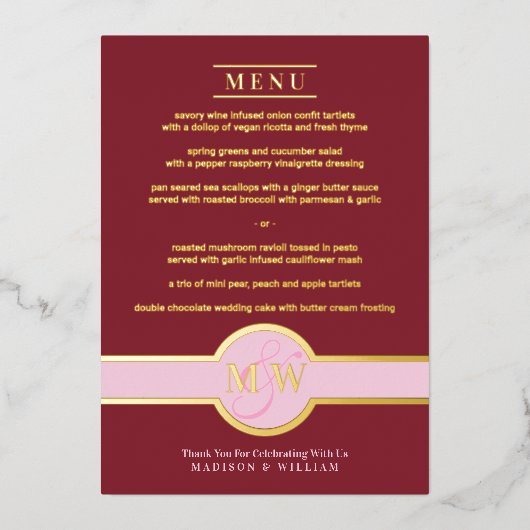 Luxe Monogram Modern Elegant Menu Burgundy Gold Folie Uitnodiging (Voorkant)
