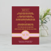 Luxe Monogram Modern Elegant Menu Burgundy Gold Folie Uitnodiging (Staand Voorkant)