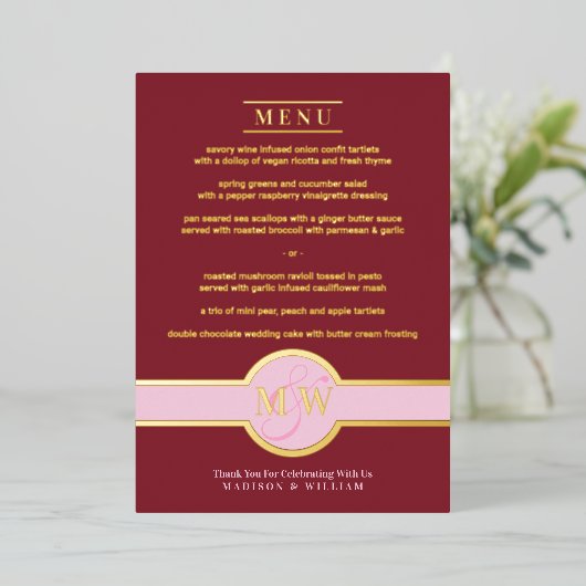 Luxe Monogram Modern Elegant Menu Burgundy Gold Folie Uitnodiging (Staand Voorkant)