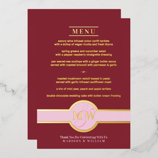 Luxe Monogram Modern Elegant Menu Burgundy Gold Folie Uitnodiging (Voorkant / Achterkant)