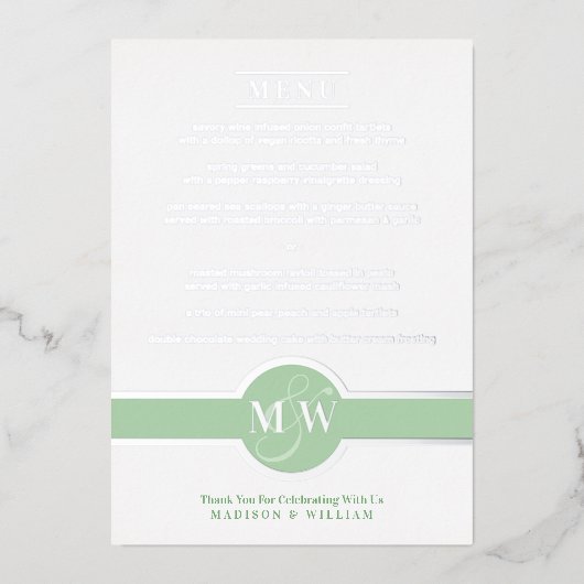 Luxe Monogram Modern Elegant Menu Green Silver Folie Uitnodiging (Voorkant)