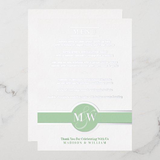 Luxe Monogram Modern Elegant Menu Green Silver Folie Uitnodiging (Voorkant / Achterkant)