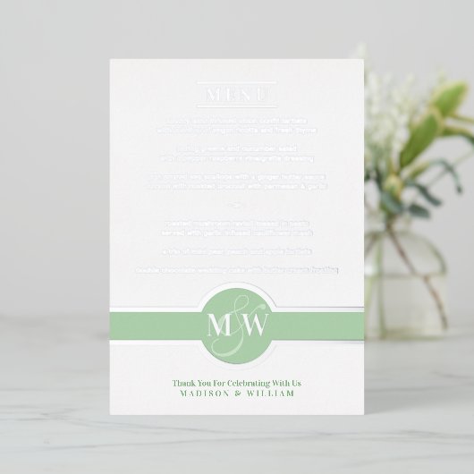 Luxe Monogram Modern Elegant Menu Green Silver Folie Uitnodiging (Staand Voorkant)