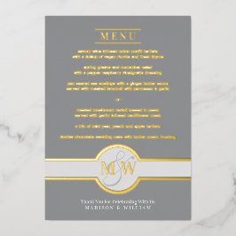 Luxe monogram modern elegant menu grijs en goud folie uitnodiging