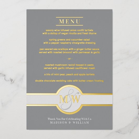 Luxe monogram modern elegant menu grijs en goud folie uitnodiging (Voorkant)