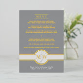 Luxe monogram modern elegant menu grijs en goud folie uitnodiging (Staand Voorkant)