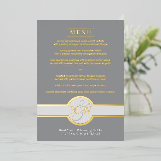 Luxe monogram modern elegant menu grijs en goud folie uitnodiging (Staand Voorkant)