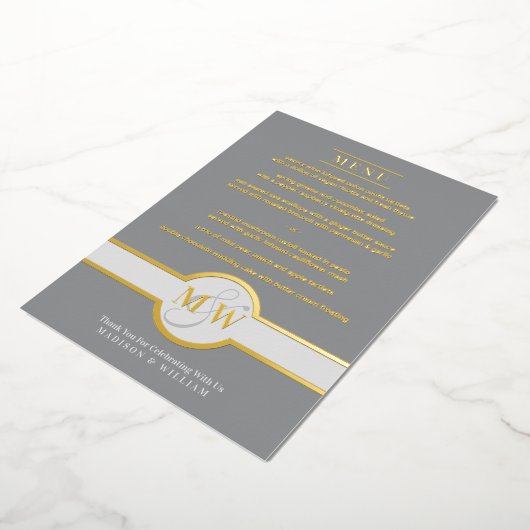 Luxe monogram modern elegant menu grijs en goud folie uitnodiging (Gedraaid)