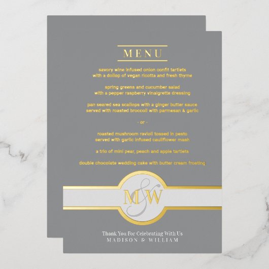 Luxe monogram modern elegant menu grijs en goud folie uitnodiging (Voorkant / Achterkant)