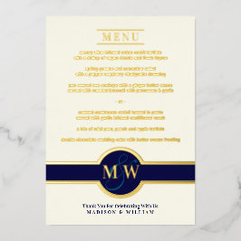 Luxe Monogram Modern Elegant Menu Navy Roos Gold Folie Uitnodiging
