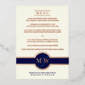 Luxe Monogram Modern Elegant Menu Navy Roos Gold Folie Uitnodiging (Voorkant)