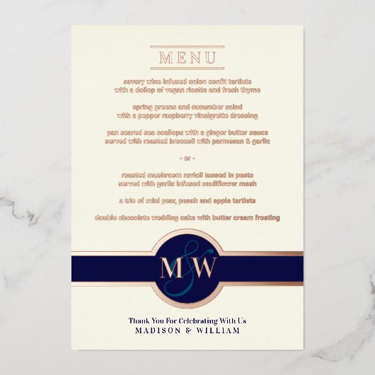 Luxe Monogram Modern Elegant Menu Navy Roos Gold Folie Uitnodiging (Voorkant)