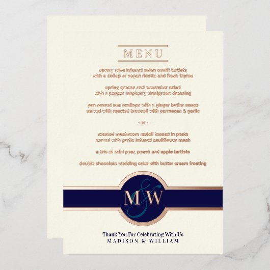 Luxe Monogram Modern Elegant Menu Navy Roos Gold Folie Uitnodiging (Voorkant / Achterkant)