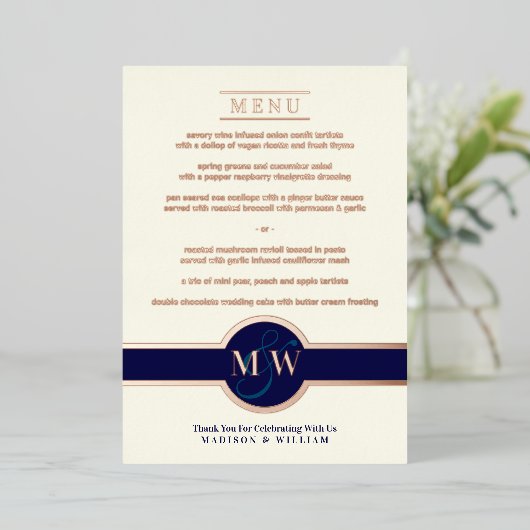 Luxe Monogram Modern Elegant Menu Navy Roos Gold Folie Uitnodiging (Staand Voorkant)