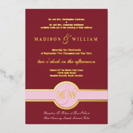 Luxe Monogram Modern Wedding Burgundy Gold Folie Uitnodiging