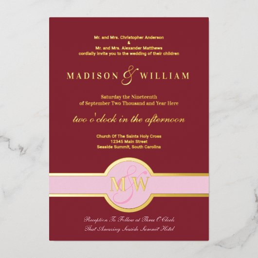 Luxe Monogram Modern Wedding Burgundy Gold Folie Uitnodiging (Voorkant)