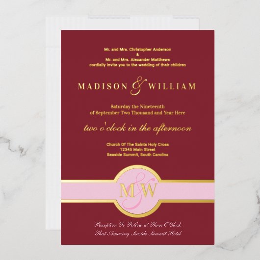 Luxe Monogram Modern Wedding Burgundy Gold Folie Uitnodiging (Envelop)