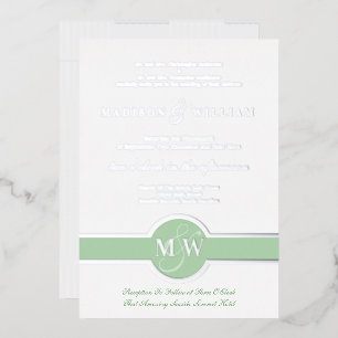 Luxe Monogram Modern Wedding Green Silver Foil Folie Uitnodiging
