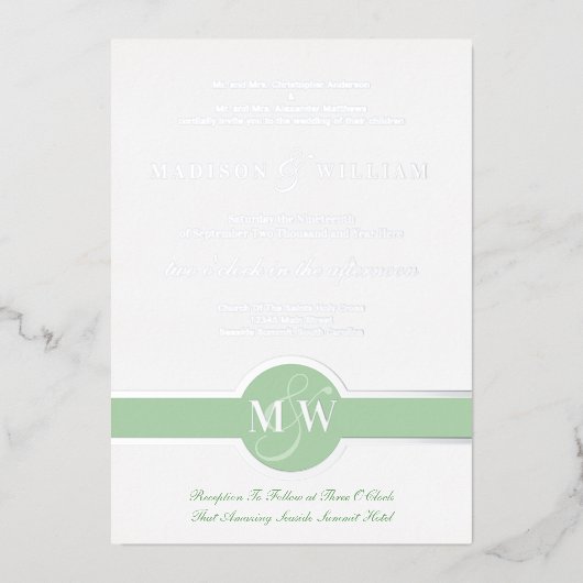 Luxe Monogram Modern Wedding Green Silver Foil Folie Uitnodiging (Voorkant)