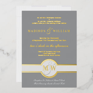 Luxe Monogram Modern Wedding Grey and Gold Folie Uitnodiging
