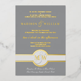 Luxe Monogram Modern Wedding Grey and Gold Folie Uitnodiging