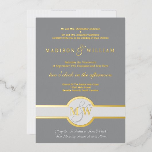 Luxe Monogram Modern Wedding Grey and Gold Folie Uitnodiging (Envelop)