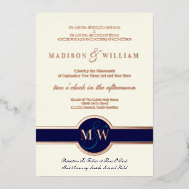 Luxe Monogram Modern Wedding Navy Roos Gold Folie Uitnodiging