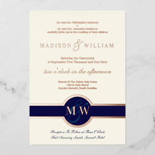 Luxe Monogram Modern Wedding Navy Roos Gold Folie Uitnodiging (Voorkant)