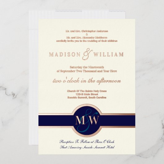 Luxe Monogram Modern Wedding Navy Roos Gold Folie Uitnodiging (Envelop)