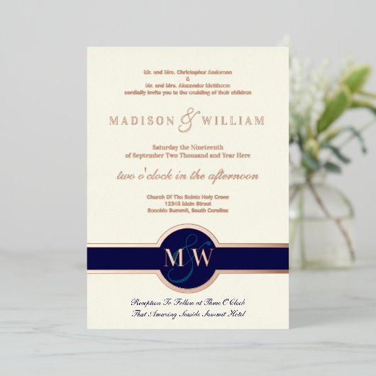 Luxe Monogram Modern Wedding Navy Roos Gold Folie Uitnodiging (Staand Voorkant)