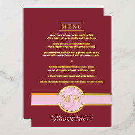 Luxe Monogram Moderne Elegante Menu Burgundyrood G Folie Uitnodiging