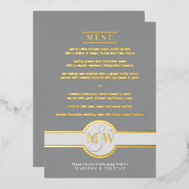 Luxe Monogram Moderne Elegante Menu Grijs en Goud Folie Uitnodiging