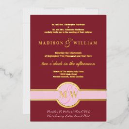 Luxe Monogram Moderne Trouw Burgundy Goud Folie Uitnodiging