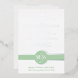 Luxe Monogram Moderne Trouwkaart Groen Zilver Foli Folie Uitnodiging