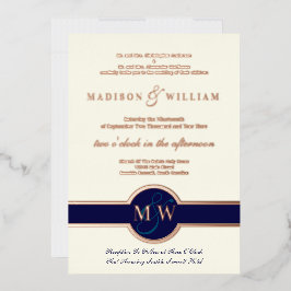 Luxe Monogram Moderne Trouwkaart Navy Roze Goud Folie Uitnodiging