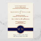 Luxe Monogram Moderne Trouwkaart Navy Roze Goud Folie Uitnodiging (Voorkant)