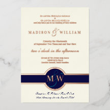 Luxe Monogram Moderne Trouwkaart Navy Roze Goud