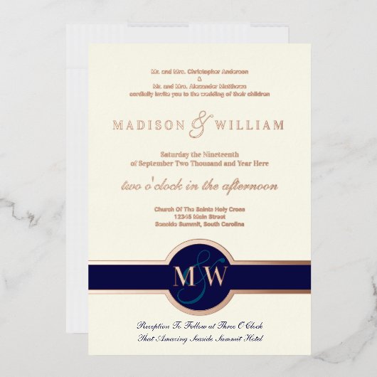 Luxe Monogram Moderne Trouwkaart Navy Roze Goud Folie Uitnodiging (Envelop)