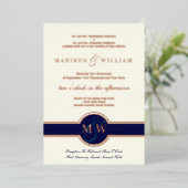 Luxe Monogram Moderne Trouwkaart Navy Roze Goud Folie Uitnodiging (Staand Voorkant)
